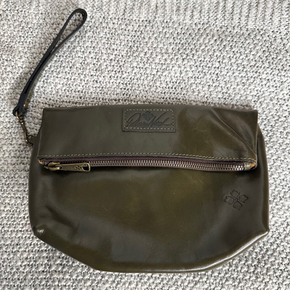 Patricia Nash Olive Green Leather Foldover Clutch Wristlet Bag Antique Brass